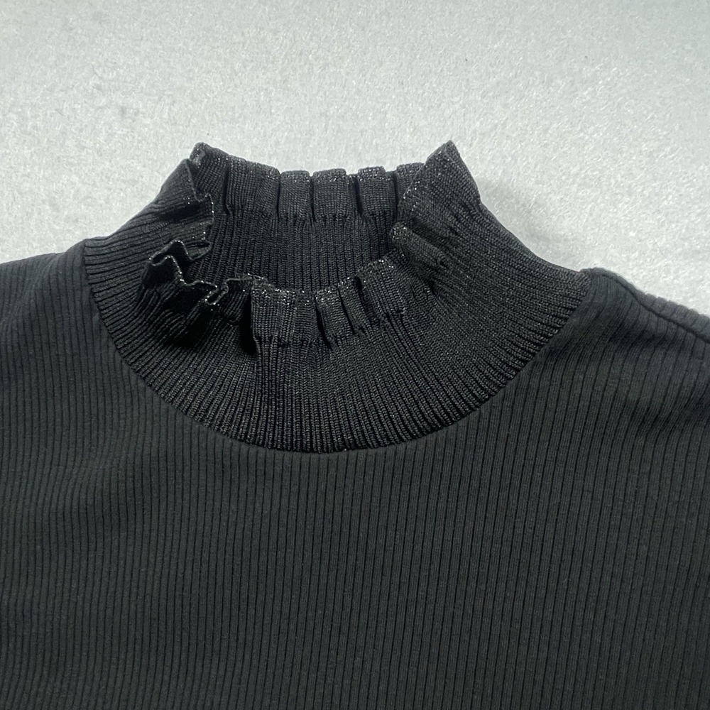 Scotch & Soda BlackRib Knit Mock Neck Shirt Women's XL Ruffle Stretch 3/4 Sleeve - Picture 5 of 6
